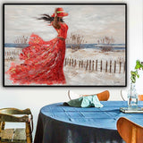 Hand-Painted Oil Painting Canvas Wall Art Decoration Girl Red Dress Seaside Abstract People Texture Art For Home Living Room Artwork Decor Rolled Frameless Unstretched Painting