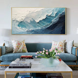 New Abstract Large Size Handmade Oil Painting Blue White Ocean Waves Texture Landscape Painting For Living Room Art Wall Decoration