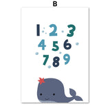 Cartoon Alphanumeric Table Octopus Jellyfish Wall Art Canvas Painting