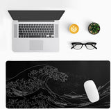 Japanese Sea Wave Large Mouse Pad, Anime Black Gaming, Extended Mat Desk Pad, 3mm Thick Long Non-Slip Rubber Base Mice Pad