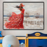 Hand-Painted Oil Painting Canvas Wall Art Decoration Girl Red Dress Seaside Abstract People Texture Art For Home Living Room Artwork Decor Rolled Frameless Unstretched Painting