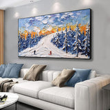 High Quality Sports Winter Skiing Handmade Oil Painting Knife Thick Oil Cedar Landscape Large Canvas Art Showpiece For Home Decoration Living Room Wall Picture