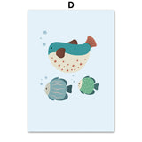 Cartoon Alphanumeric Table Octopus Jellyfish Wall Art Canvas Painting