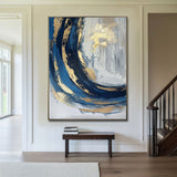 Luxury Handmade Abstract Oil Painting Wall Art Modern Golden Blue Minimalist Texture Canvas Mural For Living Room Decor Frameless