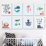 Cartoon Alphanumeric Table Octopus Jellyfish Wall Art Canvas Painting