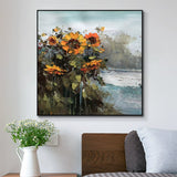 Abstract Countryside Oil Painting Hand Painted Rural Landscape With Sunflower Flowers Canvas Wall Art For Home Dining Room Decor