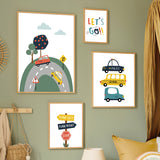 Cartoon Cab Truck Highway Traffic Light Wall Art Canvas Painting