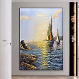 Sea Boat Handmade Painting Artwork Oil Paintings Living Room Canvas Modern Pictures Landscape Wall Art Home Living Room Decor No Framed