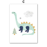Cartoon Dinosaur Moon Tree Mountain Rainbow Wall Art Canvas Painting
